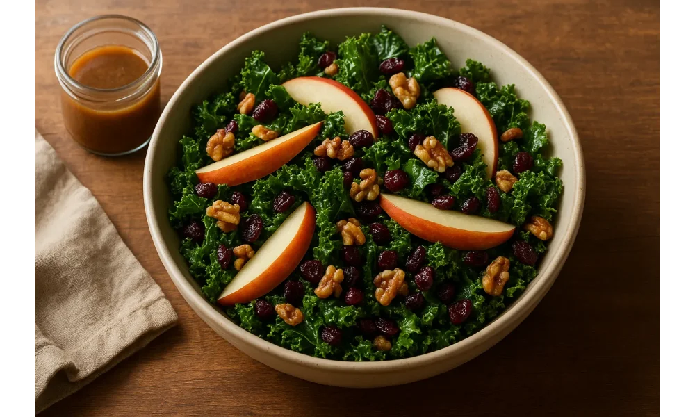 Bowl of kale apple balsamic salad with sliced apples, walnuts, and cranberries beside a jar of vinaigrette on a wooden table.