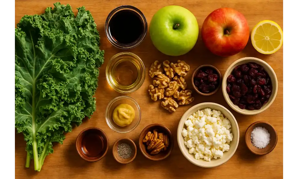 Flat-lay of kale, apples, balsamic vinegar, olive oil, Dijon mustard, lemon, walnuts, dried cranberries, feta, maple syrup, salt, and pepper on a wooden surface.