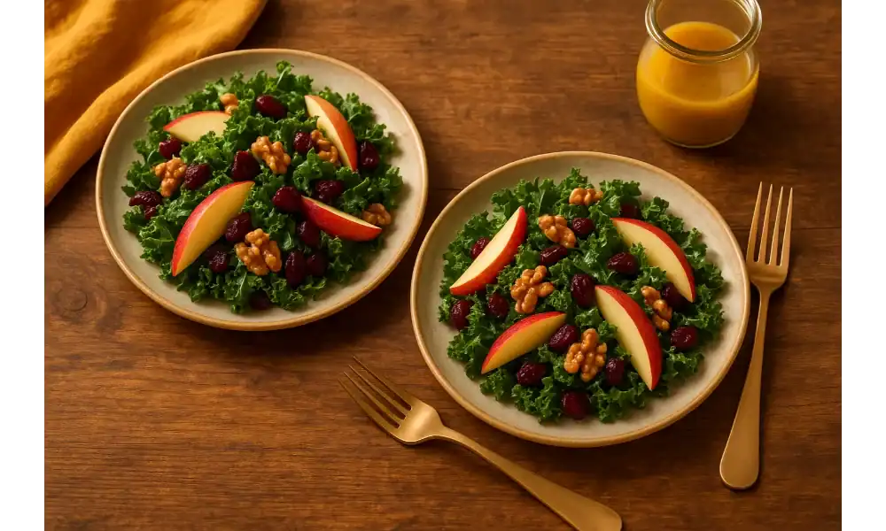 Two plates of kale apple walnut cranberry salad with crisp apple slices, toasted walnuts, and dried cranberries, served with a jar of maple Dijon dressing on a wooden table.