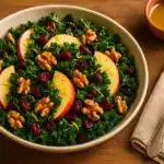 A bowl of kale apple walnut cranberry salad with sliced apples, toasted walnuts, and dried cranberries, served with maple Dijon dressing and a fork on a linen napkin.
