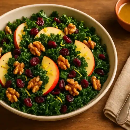 A bowl of kale apple walnut cranberry salad with sliced apples, toasted walnuts, and dried cranberries, served with maple Dijon dressing and a fork on a linen napkin.