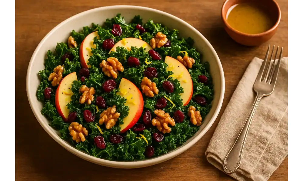 A bowl of kale apple walnut cranberry salad with sliced apples, toasted walnuts, and dried cranberries, served with maple Dijon dressing and a fork on a linen napkin.