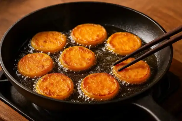 Golden goguma jeon frying in a cast-iron pan—sweet potato rounds bubbling in oil with chopsticks under warm light.