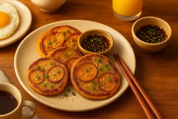 Breakfast plate of golden Korean sweet potato pancakes (Goguma Jeon) topped with scallions and sesame seeds, with soy-garlic dipping sauce, coffee, and orange juice in warm morning light.