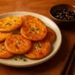 Stack of golden Korean sweet potato pancakes (Goguma Jeon) on a cream plate with scallions and sesame, soy-garlic dipping sauce beside them on a warm wooden table.