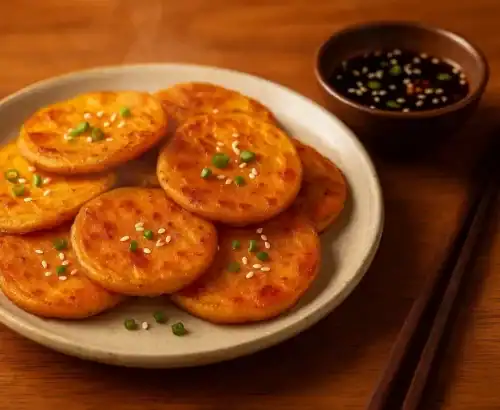 Stack of golden Korean sweet potato pancakes (Goguma Jeon) on a cream plate with scallions and sesame, soy-garlic dipping sauce beside them on a warm wooden table.