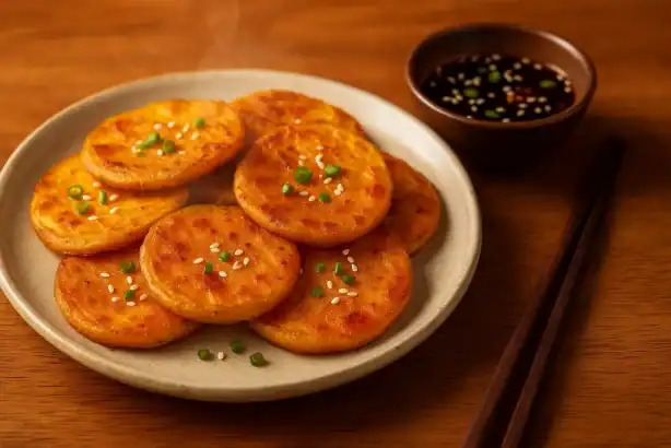 Stack of golden Korean sweet potato pancakes (Goguma Jeon) on a cream plate with scallions and sesame, soy-garlic dipping sauce beside them on a warm wooden table.