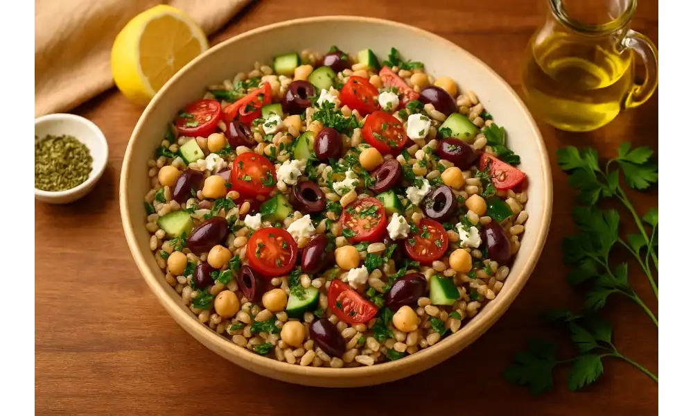 Colorful Mediterranean farro salad with cherry tomatoes, cucumbers, chickpeas, feta, and olives in a beige bowl on a wooden table.