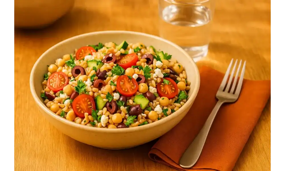 Close-up bowl of Mediterranean farro salad with cherry tomatoes, cucumber, chickpeas, Kalamata olives, feta, and parsley on a warm wood table with an orange napkin, fork, and water glass.