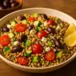 Mediterranean farro salad in a beige bowl topped with cherry tomatoes, cucumber, feta, Kalamata olives, and lemon wedges on a wooden table.