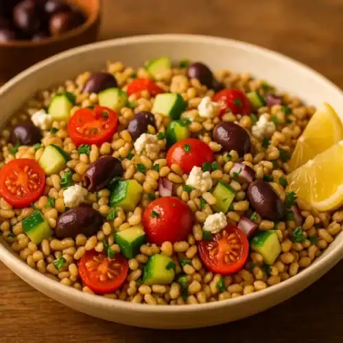 Mediterranean farro salad in a beige bowl topped with cherry tomatoes, cucumber, feta, Kalamata olives, and lemon wedges on a wooden table.