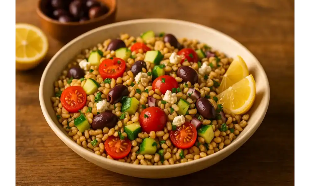 Mediterranean farro salad in a beige bowl topped with cherry tomatoes, cucumber, feta, Kalamata olives, and lemon wedges on a wooden table.