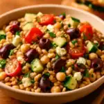 Close-up of Mediterranean farro salad with cherry tomatoes, cucumber, chickpeas, feta, Kalamata olives, and parsley in a beige bowl.