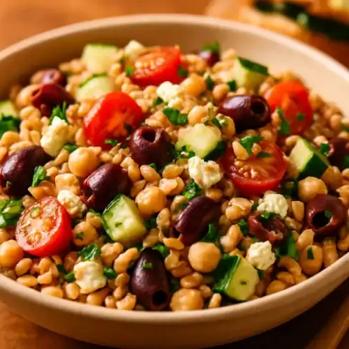 Close-up of Mediterranean farro salad with cherry tomatoes, cucumber, chickpeas, feta, Kalamata olives, and parsley in a beige bowl.
