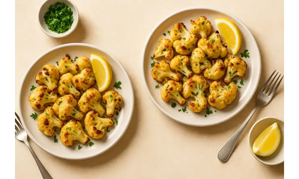 Two white plates filled with golden garlic-parmesan roasted cauliflower florets, garnished with parsley and lemon wedges, served for lunch on a beige table.
