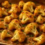 Close-up of golden, crispy garlic-Parmesan roasted cauliflower on a parchment-lined pan, sprinkled with parsley.