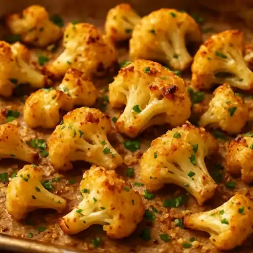 Close-up of golden, crispy garlic-Parmesan roasted cauliflower on a parchment-lined pan, sprinkled with parsley.