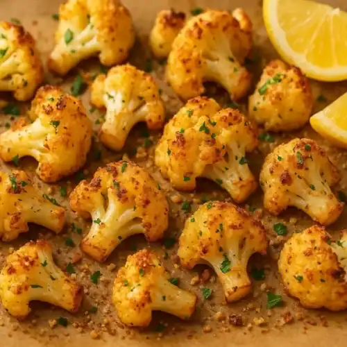 Golden garlic-parmesan roasted cauliflower florets on parchment paper, sprinkled with parsley and served with lemon wedges.
