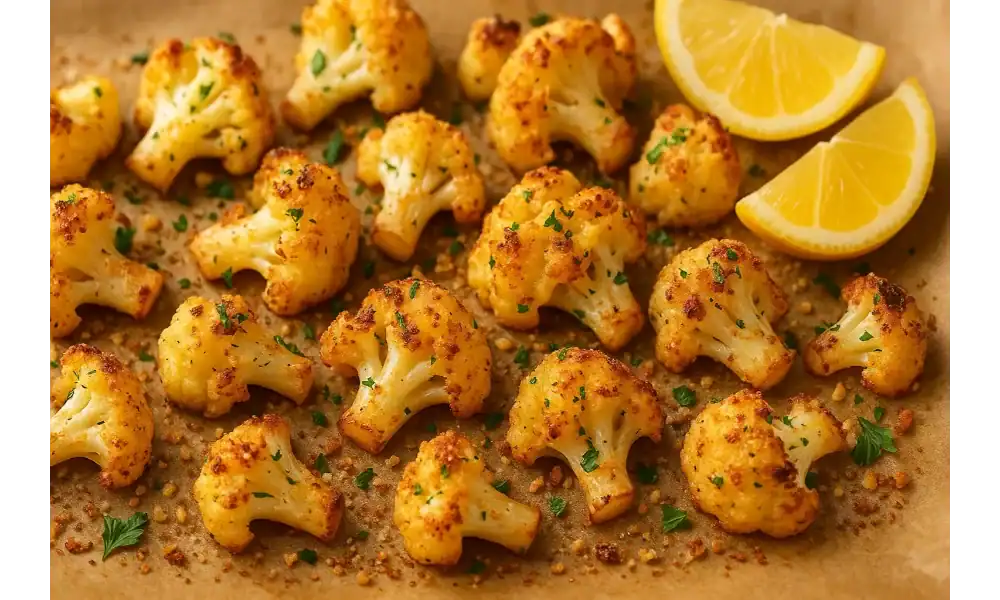 Golden garlic-parmesan roasted cauliflower florets on parchment paper, sprinkled with parsley and served with lemon wedges.