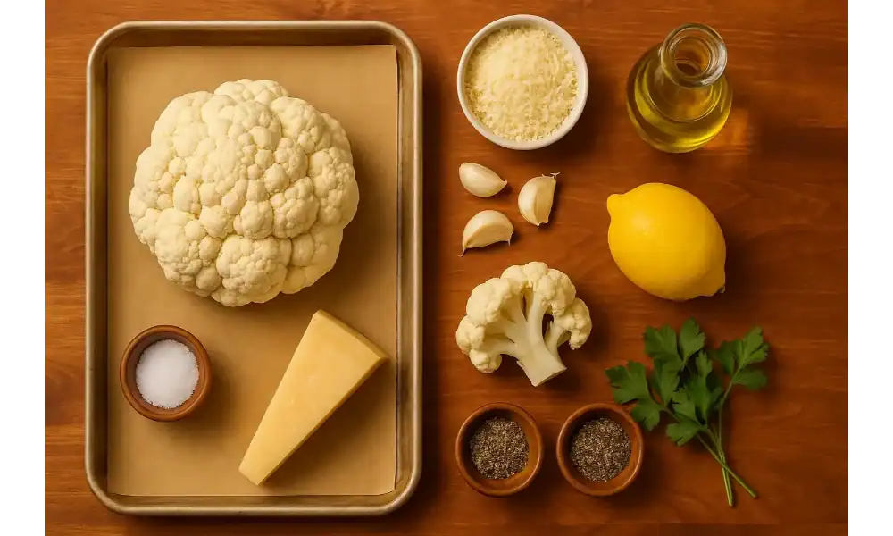 Fresh ingredients for garlic-parmesan roasted cauliflower, including cauliflower, garlic, Parmesan cheese, olive oil, lemon, salt, pepper, and parsley arranged on a wooden surface.