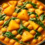 Close-up view of a creamy potato, spinach, and chickpea curry with golden potatoes, tender chickpeas, and wilted spinach in a rich orange sauce.