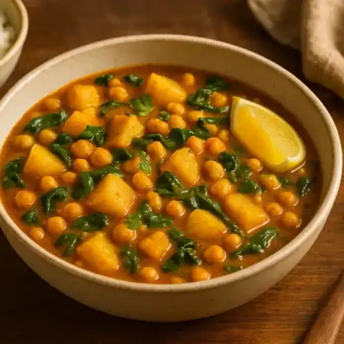 A warm bowl of potato, spinach, and chickpea curry served with rice and a lemon wedge on a wooden table.