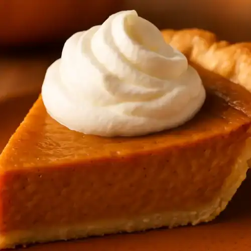 A close-up slice of homemade pumpkin pie topped with a swirl of fluffy whipped cream, showing its smooth orange filling and flaky golden crust.