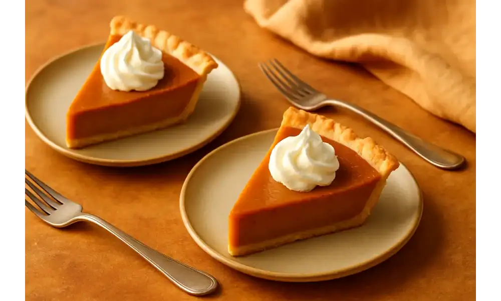 Two slices of pumpkin pie topped with whipped cream on beige plates, placed on a warm, rustic surface with forks and a soft cloth in the background.