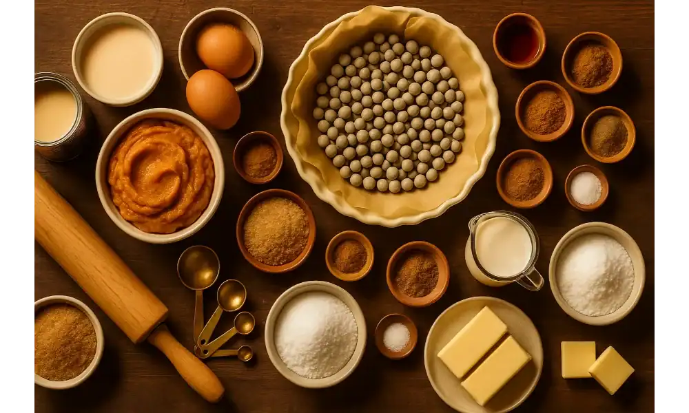 Overhead view of pumpkin pie ingredients including pumpkin purée, eggs, butter, milk, sugar, spices, and a prepared crust with pie weights on a warm wooden surface.