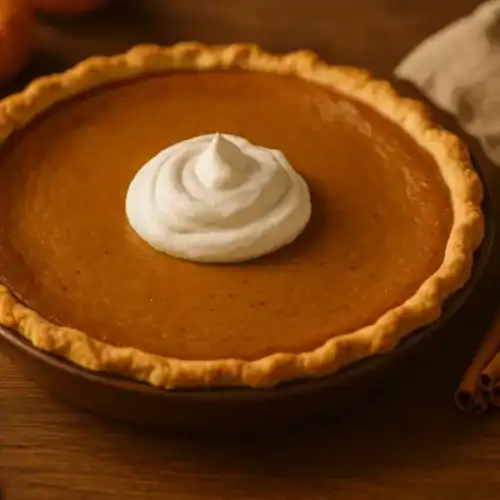 Whole homemade pumpkin pie with a swirl of fluffy whipped cream in the center, golden flaky crust, and cinnamon sticks on a warm wooden table.