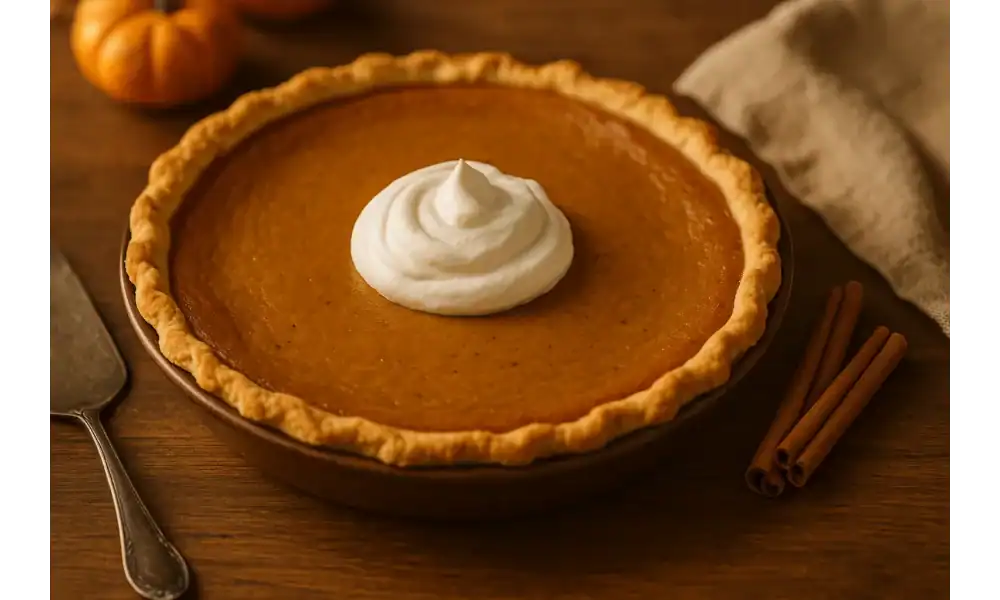 Whole homemade pumpkin pie with a swirl of fluffy whipped cream in the center, golden flaky crust, and cinnamon sticks on a warm wooden table.