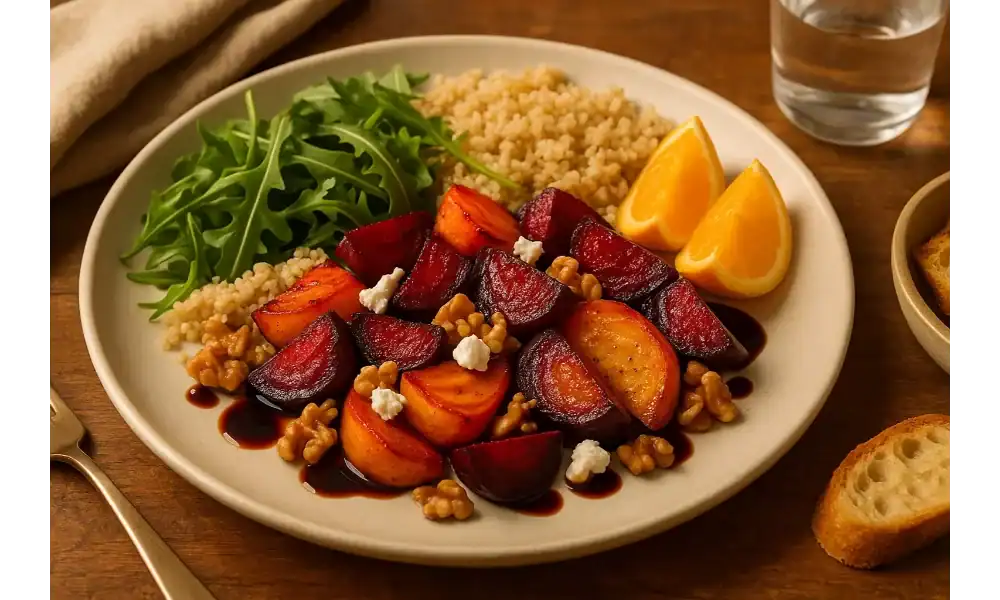Roasted red and golden beets on a warm-toned lunch plate with arugula, quinoa, walnuts, goat cheese, and balsamic glaze.