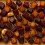 Close-up of diced red and golden beets roasting on a parchment-lined sheet pan with garlic cloves and rosemary.