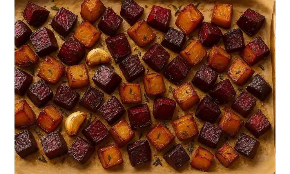 Close-up of diced red and golden beets roasting on a parchment-lined sheet pan with garlic cloves and rosemary.