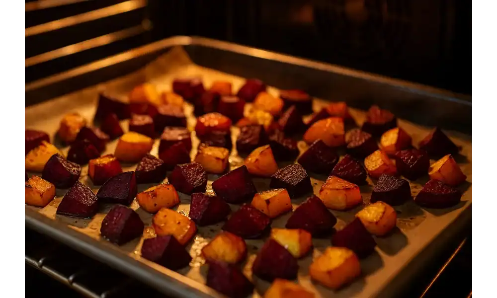 Red and golden beet cubes roasting in the oven on a parchment-lined sheet pan under warm light.