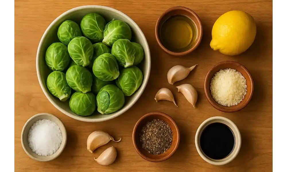 Overhead photo of Brussels sprouts with olive oil, lemon, garlic, kosher salt, black pepper, Parmesan, and balsamic on a warm wood surface—ingredients for crispy roasted Brussels sprouts.