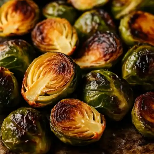 Close-up of roasted Brussels sprouts with golden-brown, caramelized edges and tender green centers on a baking sheet.