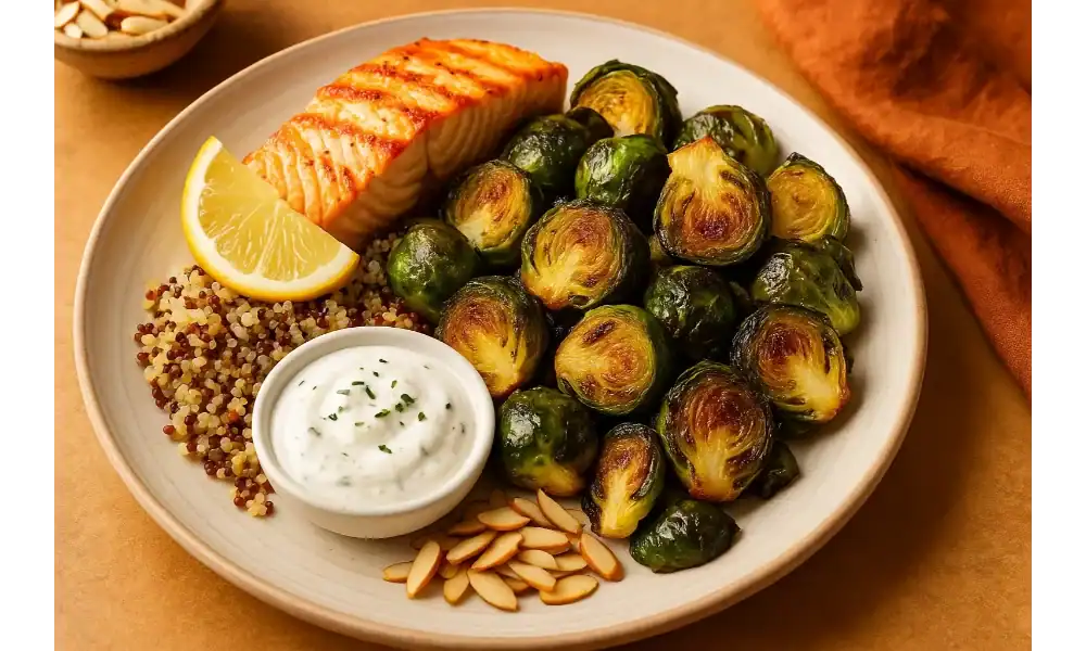Warm, horizontal plate with roasted Brussels sprouts, grilled salmon, tricolor quinoa, lemon wedge, herbed yogurt sauce, and toasted almonds.