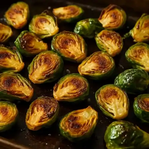 Sheet pan of halved Brussels sprouts roasted cut-side down with golden, caramelized edges and glossy olive oil.