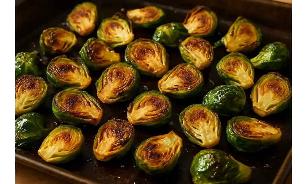 Sheet pan of halved Brussels sprouts roasted cut-side down with golden, caramelized edges and glossy olive oil.