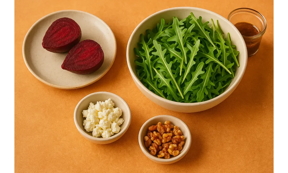 Ingredients for roasted beet and goat cheese salad including fresh arugula, roasted beets, crumbled goat cheese, walnuts, and honey-balsamic vinaigrette on a warm orange background.