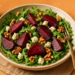 A bowl of roasted beet and goat cheese salad with arugula and walnuts, served with honey-balsamic dressing on a warm-toned table.