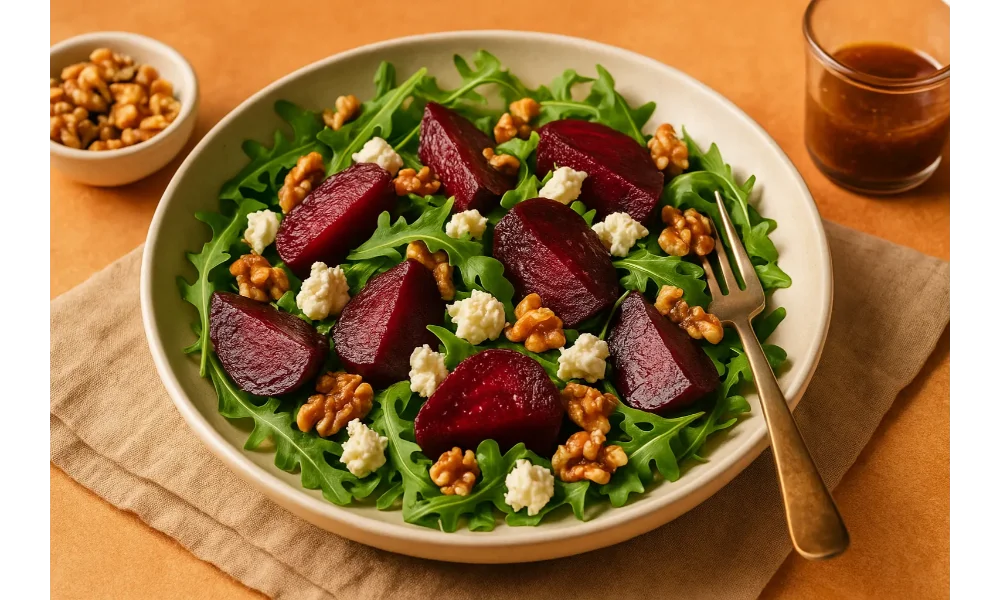 A bowl of roasted beet and goat cheese salad with arugula and walnuts, served with honey-balsamic dressing on a warm-toned table.