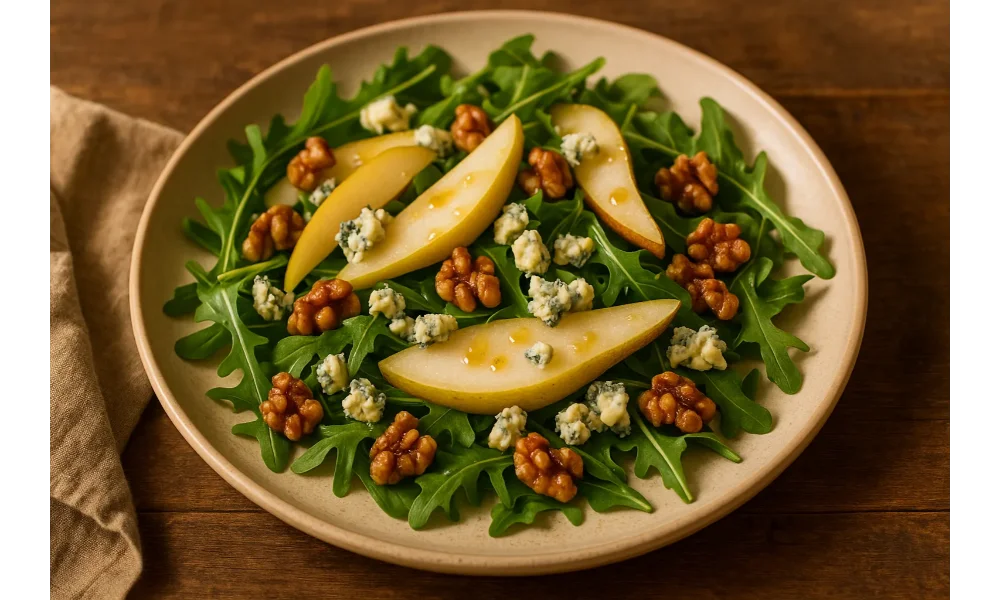 Flat lay of ingredients for pear and blue cheese salad including fresh pears, arugula, blue cheese crumbles, walnuts, lemon, olive oil, Dijon mustard, honey, salt, and pepper on a warm beige background.