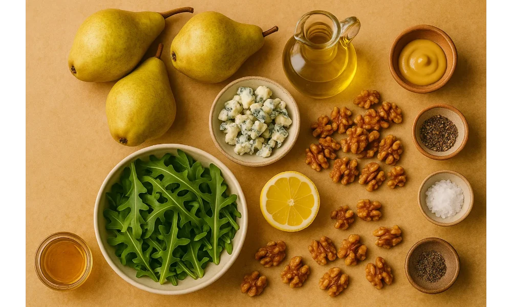 Flat lay of ingredients for pear and blue cheese salad including fresh pears, arugula, blue cheese crumbles, walnuts, lemon, olive oil, Dijon mustard, honey, salt, and pepper on a warm beige background.