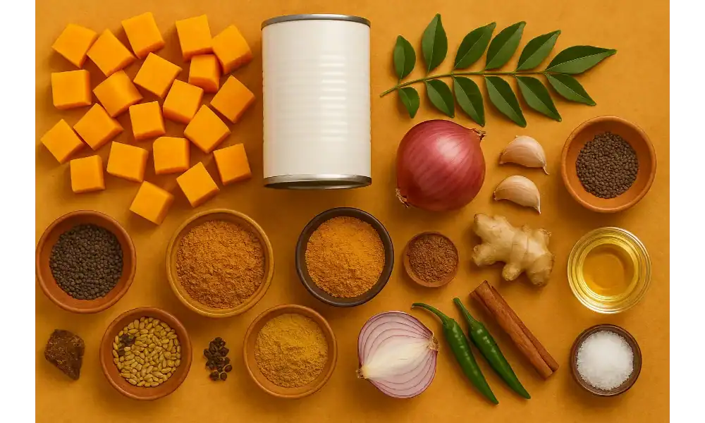 Flat-lay of ingredients for Sri Lankan pumpkin curry including pumpkin cubes, coconut milk, curry leaves, onion, garlic, ginger, spices, and chili peppers on a warm ochre background.