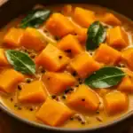 Close-up of creamy Sri Lankan pumpkin curry (Wattakka) with tender orange pumpkin cubes, glossy curry leaves, and black mustard seeds in coconut milk sauce.