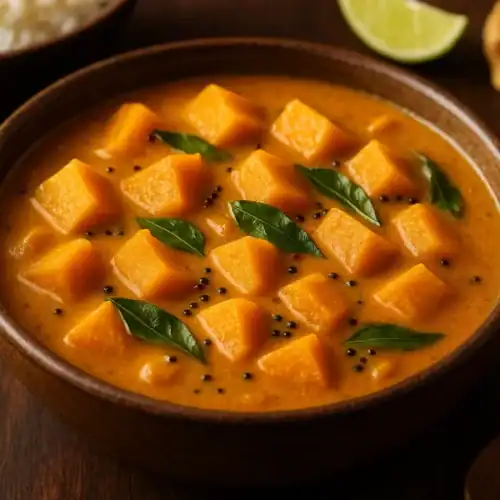 Bowl of creamy Sri Lankan pumpkin curry with orange pumpkin cubes, curry leaves, and black mustard seeds on a dark wooden table.