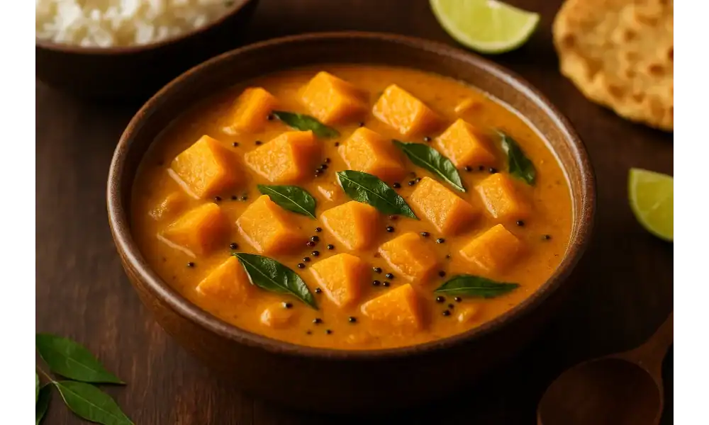 Bowl of creamy Sri Lankan pumpkin curry with orange pumpkin cubes, curry leaves, and black mustard seeds on a dark wooden table.