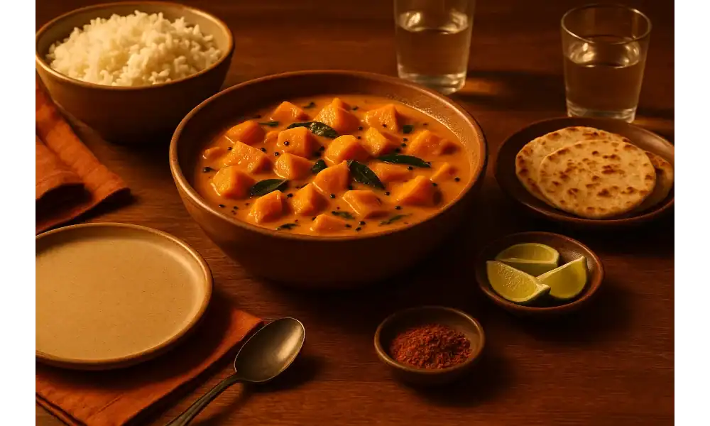Dinner spread with a bowl of Sri Lankan pumpkin curry (Wattakka) in coconut milk, curry leaves and mustard seeds, served with rice, coconut roti, lime wedges, and spices on a wooden table.